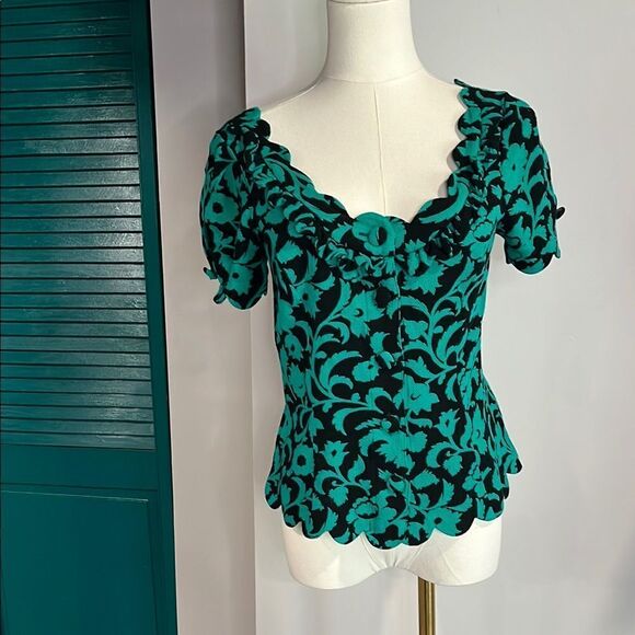 Anthropologie Maeve Floral Green and Black Women's Top - 4 - Picture 5 of 11